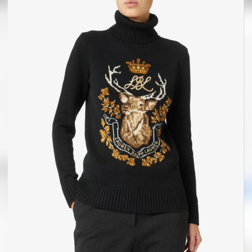 NEW Ralph Lauren Black Turtleneck Sweater Size  Large Elk Head Deer 100% Cotton